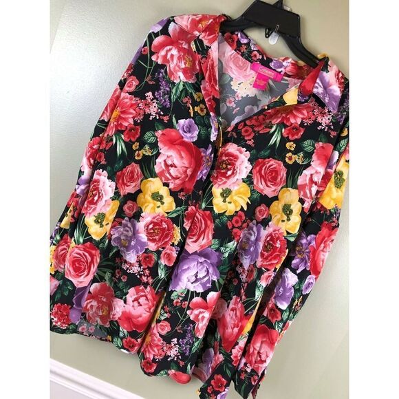 E-162 Catherine Malandrino popover long sleeve top BLACK FLORAL size L nwot - Picture 1 of 2